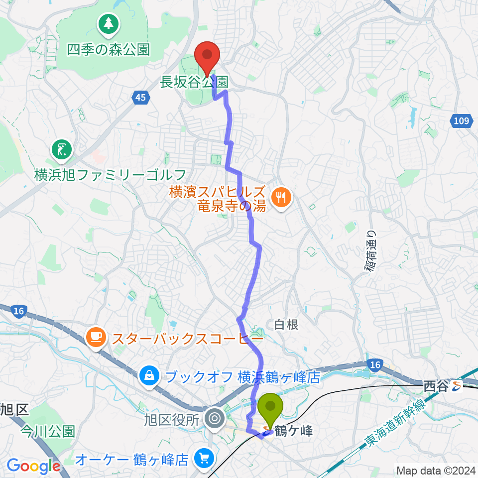 鶴ヶ峰駅から長坂谷公園多目的広場 へのルートマップ地図