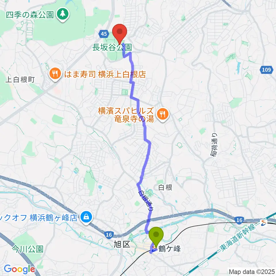 鶴ヶ峰駅から長坂谷公園多目的広場 へのルートマップ地図