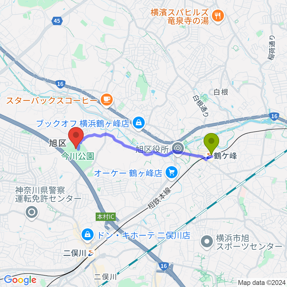 鶴ヶ峰駅から今川公園野球場 へのルートマップ地図