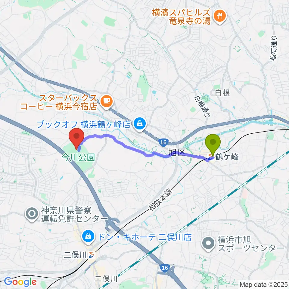 鶴ヶ峰駅から今川公園野球場 へのルートマップ地図