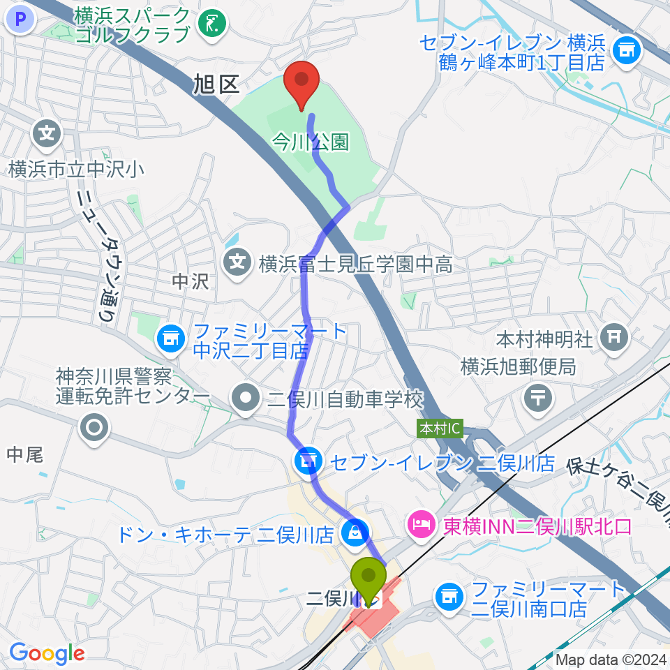 今川公園野球場 の最寄駅二俣川駅からの徒歩ルート（約23分）地図