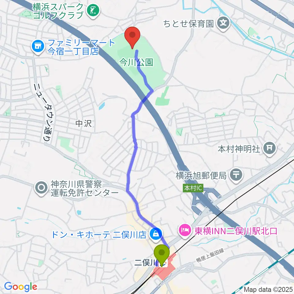 今川公園野球場 の最寄駅二俣川駅からの徒歩ルート（約23分）地図
