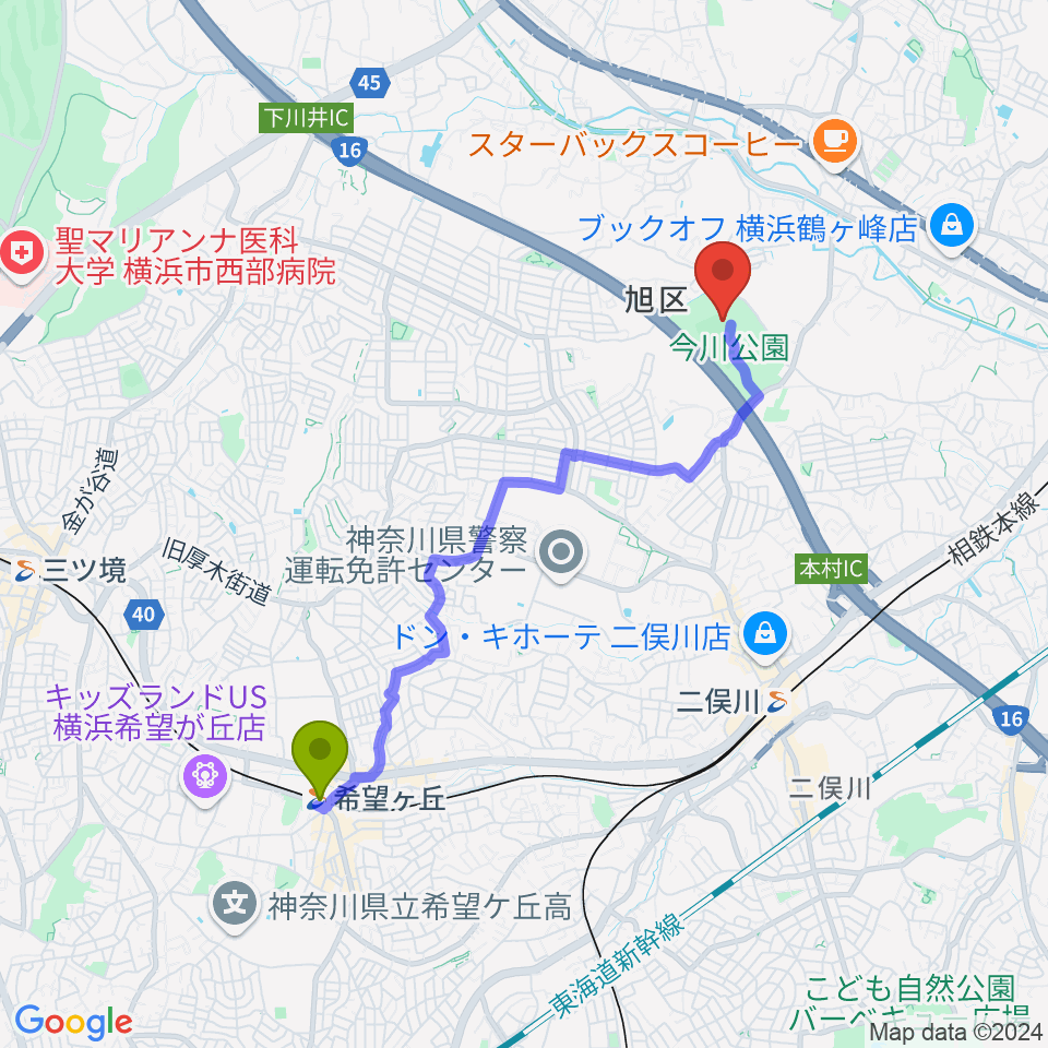 希望ヶ丘駅から今川公園野球場 へのルートマップ地図