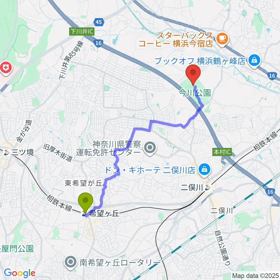 希望ヶ丘駅から今川公園野球場 へのルートマップ地図