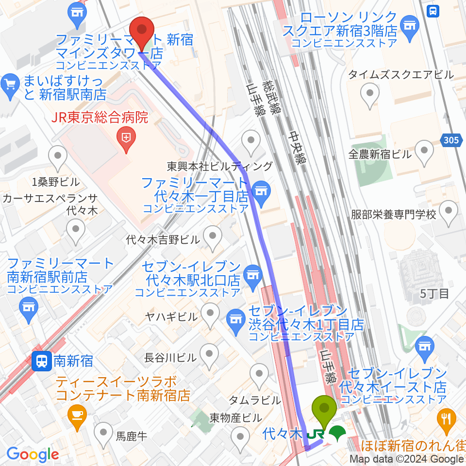 代々木駅からスタジオキーボードへのルートマップ地図