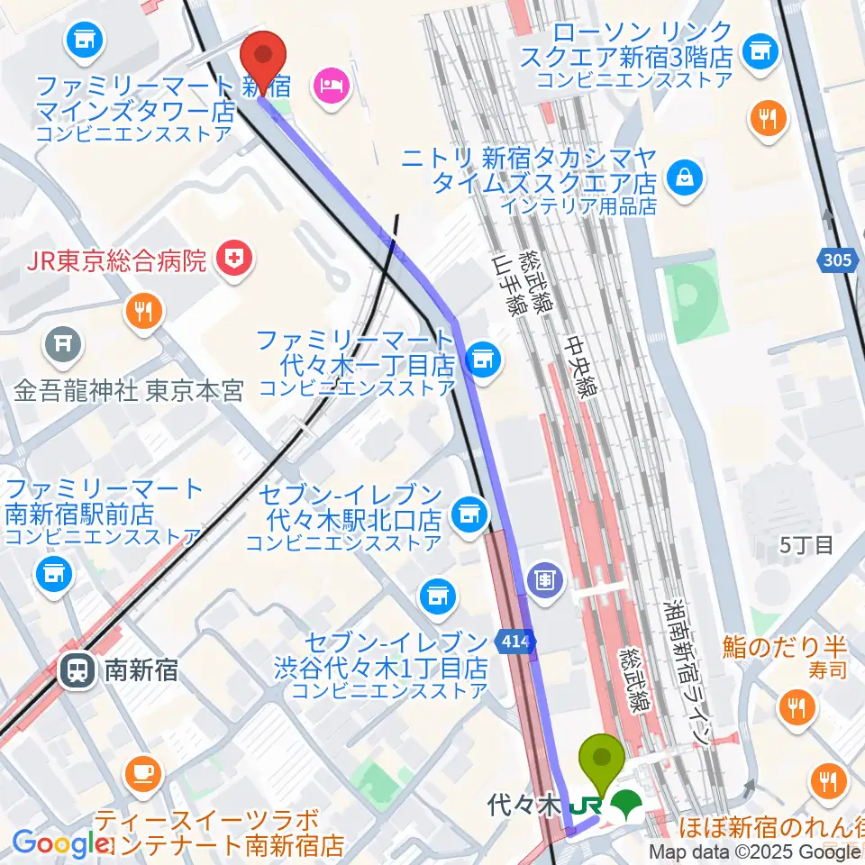代々木駅からスタジオキーボードへのルートマップ地図