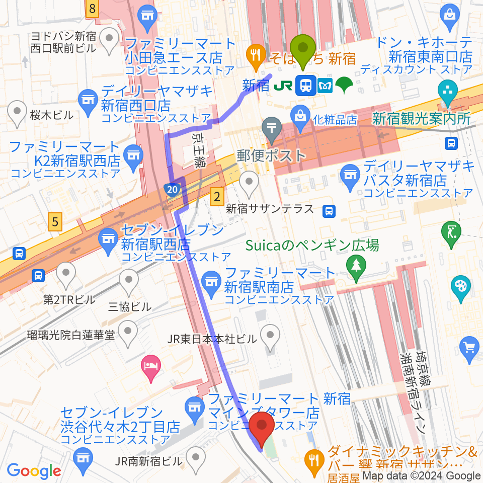 新宿駅からスタジオキーボードへのルートマップ地図