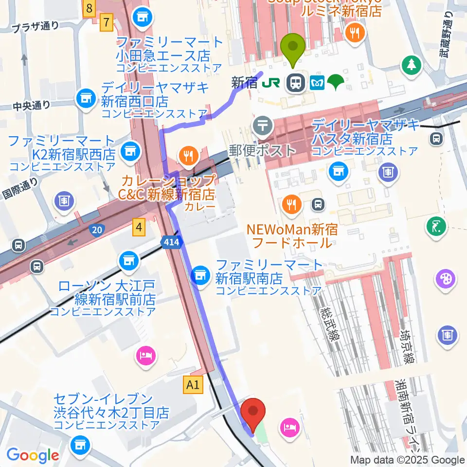新宿駅からスタジオキーボードへのルートマップ地図