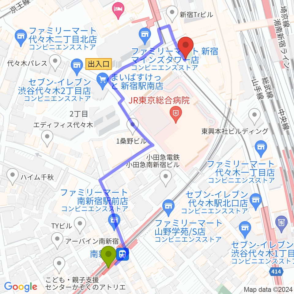 スタジオキーボードの最寄駅南新宿駅からの徒歩ルート（約6分）地図