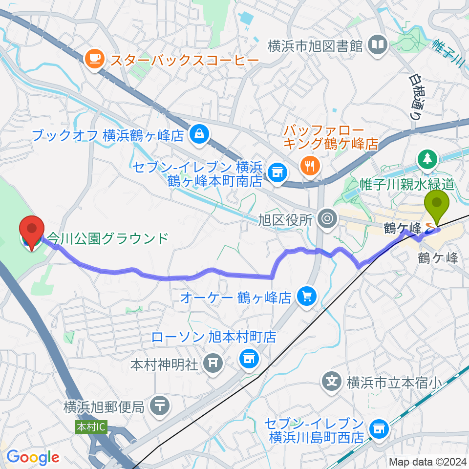 鶴ヶ峰駅から今川公園多目的運動広場へのルートマップ地図