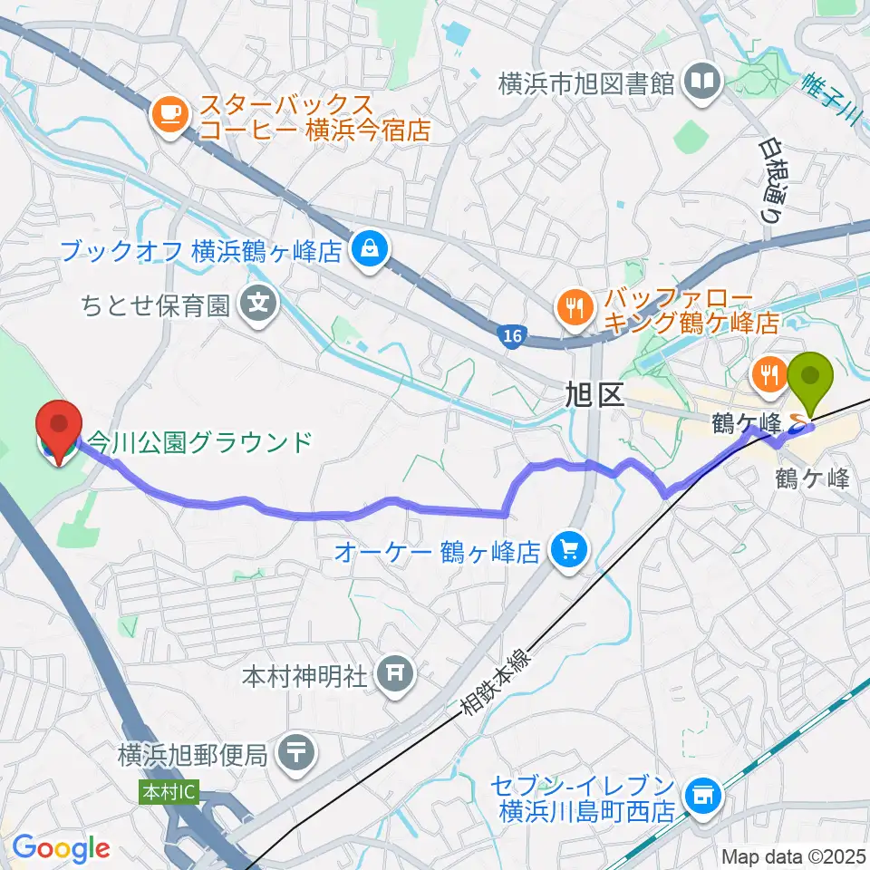 鶴ヶ峰駅から今川公園多目的運動広場へのルートマップ地図