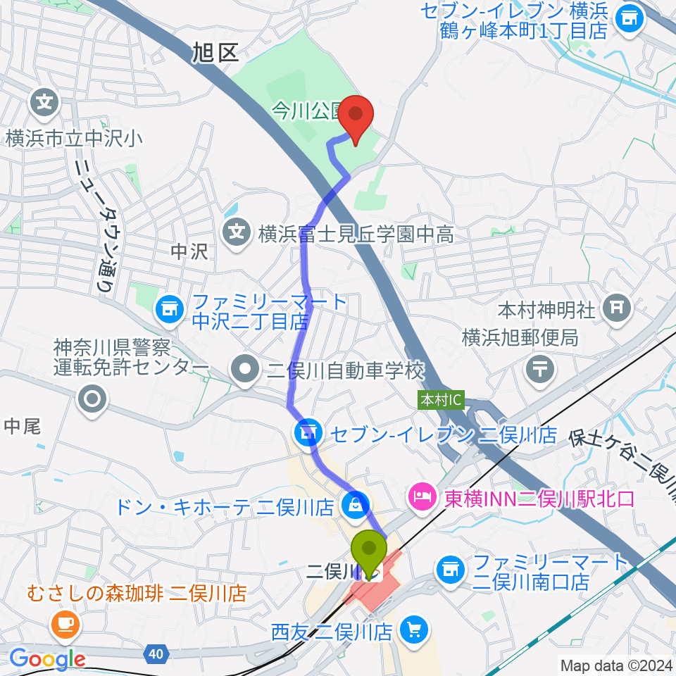 今川公園多目的運動広場の最寄駅二俣川駅からの徒歩ルート（約20分）地図