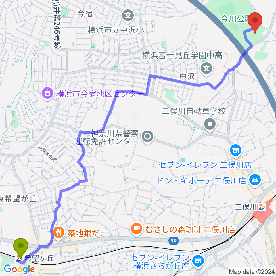 希望ヶ丘駅から今川公園多目的運動広場へのルートマップ地図