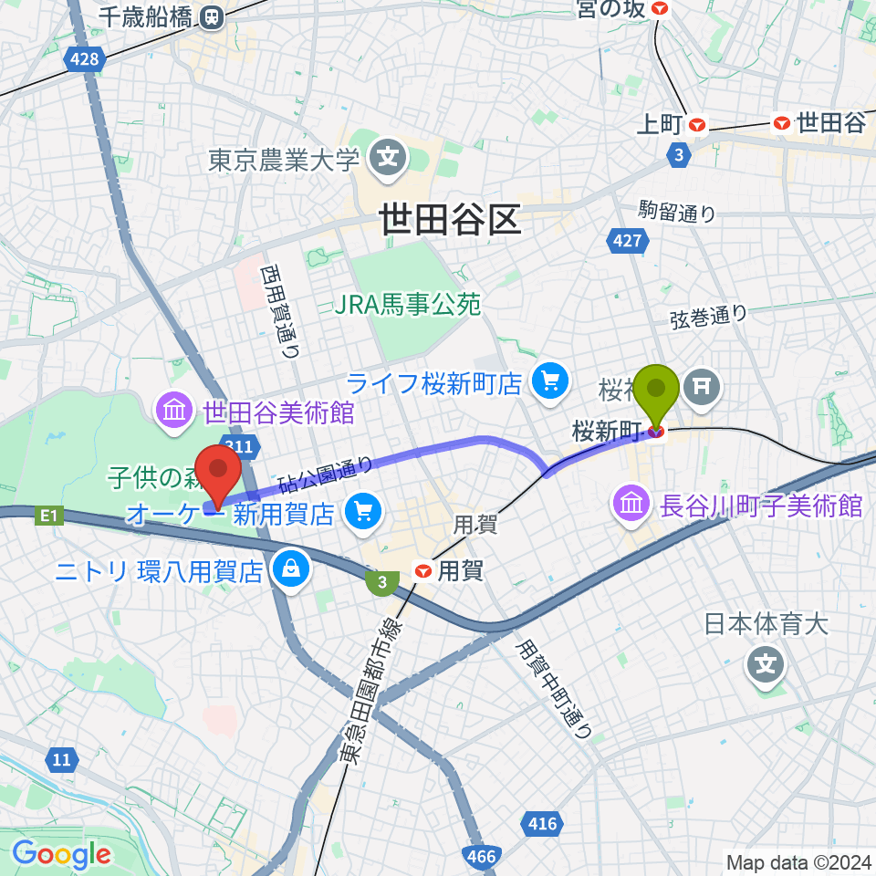 桜新町駅から砧公園軟式野球場へのルートマップ地図