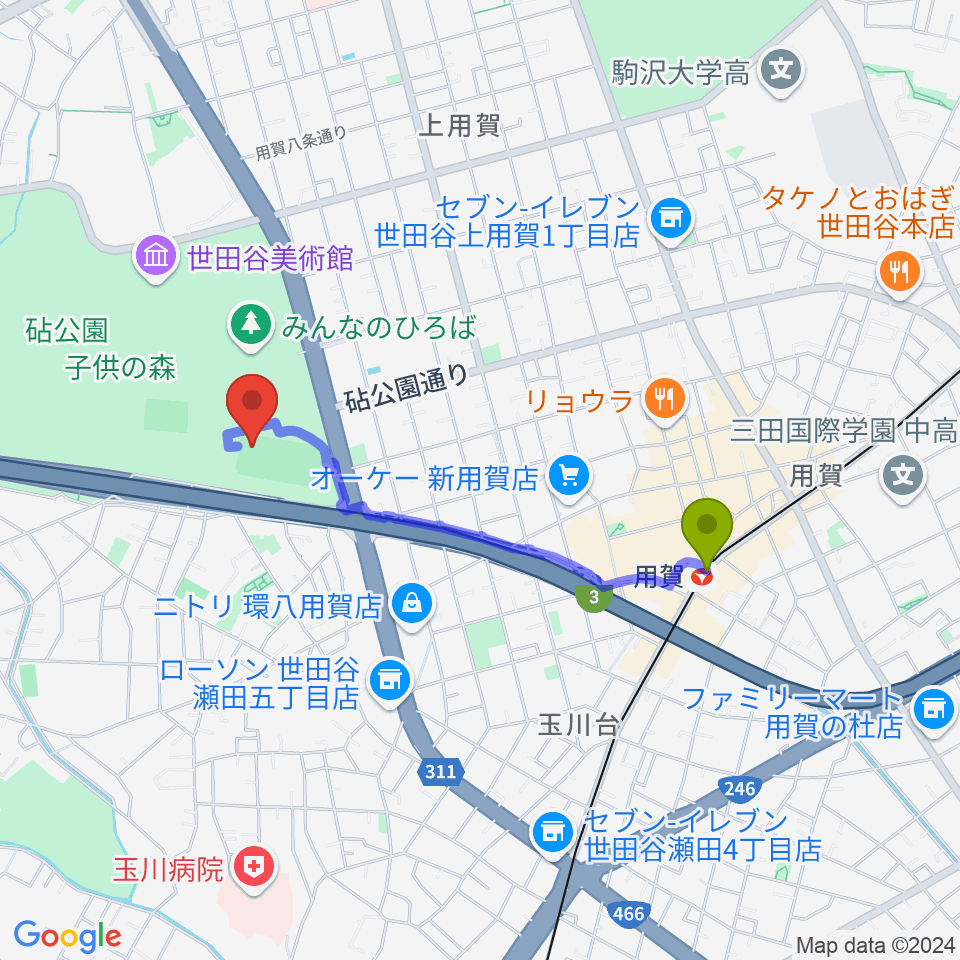 砧公園軟式野球場の最寄駅用賀駅からの徒歩ルート（約15分）地図