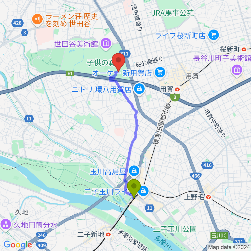 二子玉川駅から砧公園軟式野球場へのルートマップ地図