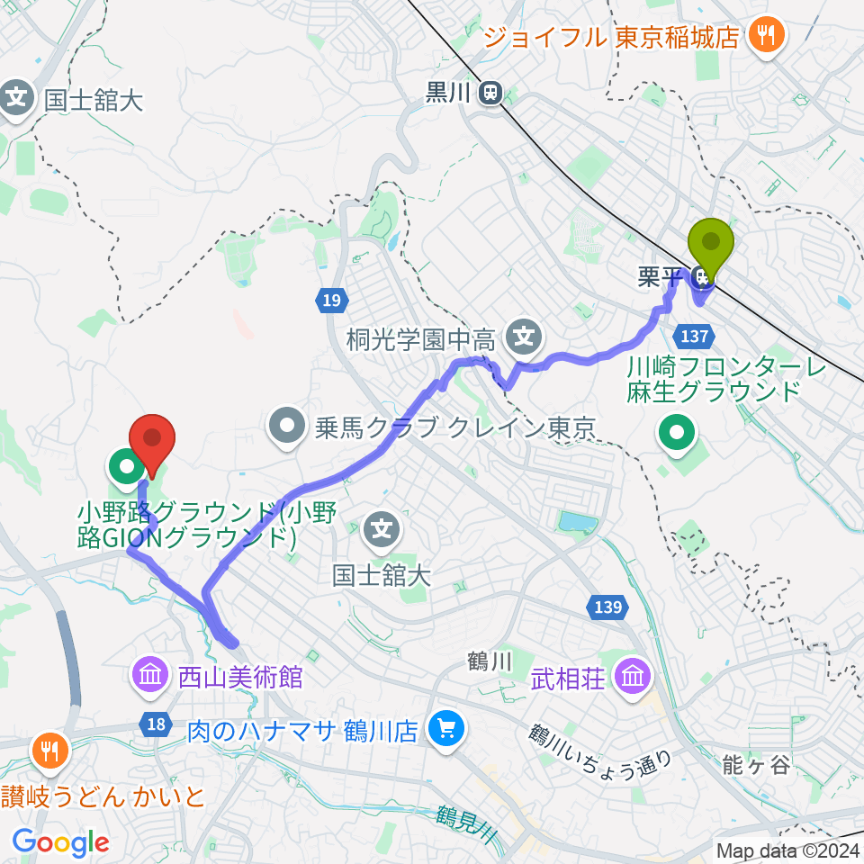 栗平駅から小野路GIONベースボールパークへのルートマップ地図