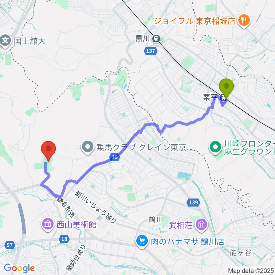 栗平駅から小野路GIONベースボールパークへのルートマップ地図