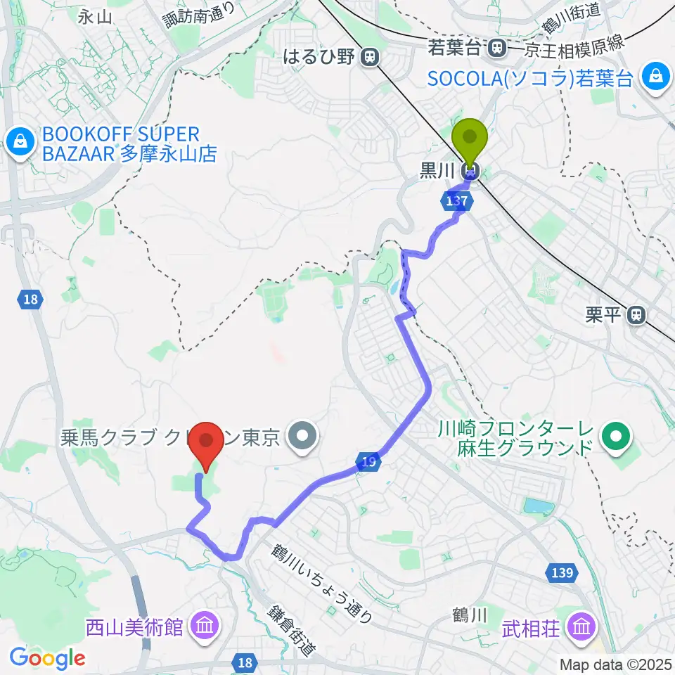 小野路GIONベースボールパークの最寄駅黒川駅からの徒歩ルート（約37分）地図