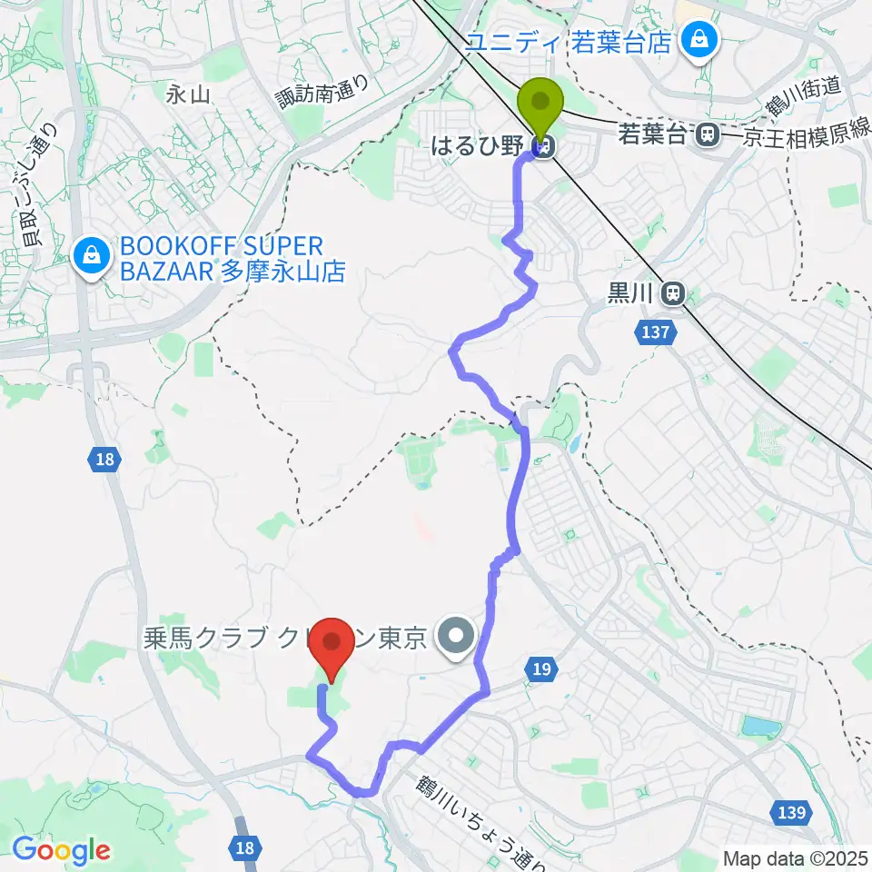 はるひ野駅から小野路GIONベースボールパークへのルートマップ地図
