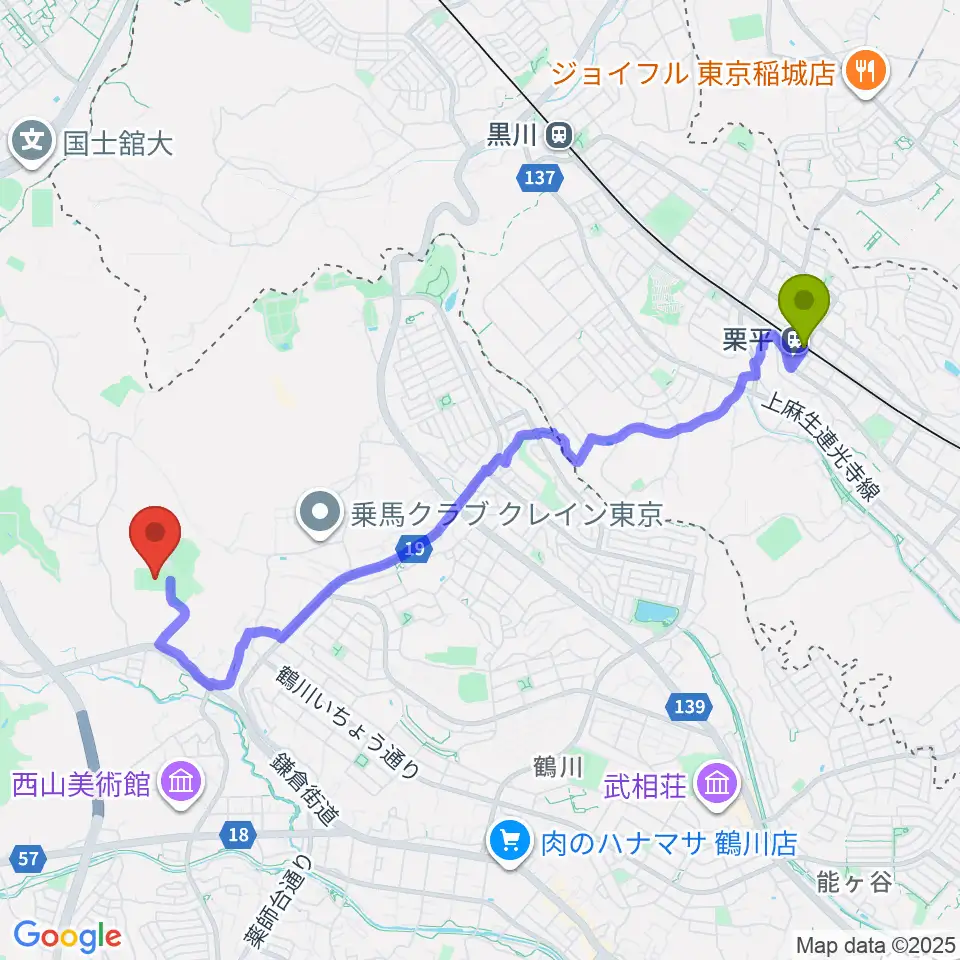 栗平駅から小野路GIONグラウンドへのルートマップ地図