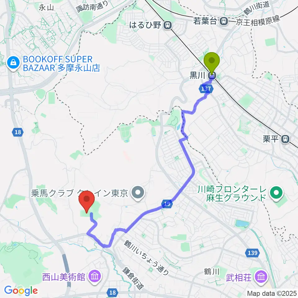 小野路GIONグラウンドの最寄駅黒川駅からの徒歩ルート（約39分）地図