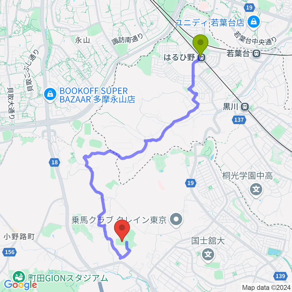 はるひ野駅から小野路GIONグラウンドへのルートマップ地図