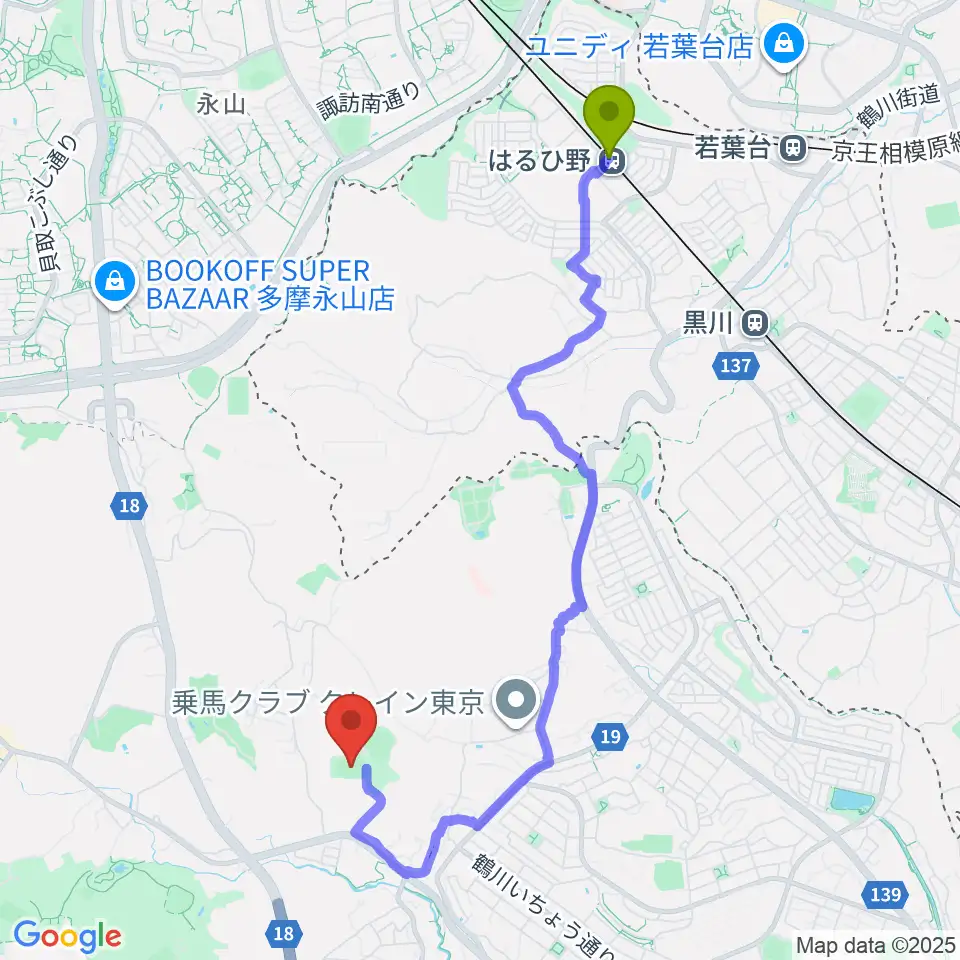 はるひ野駅から小野路GIONグラウンドへのルートマップ地図