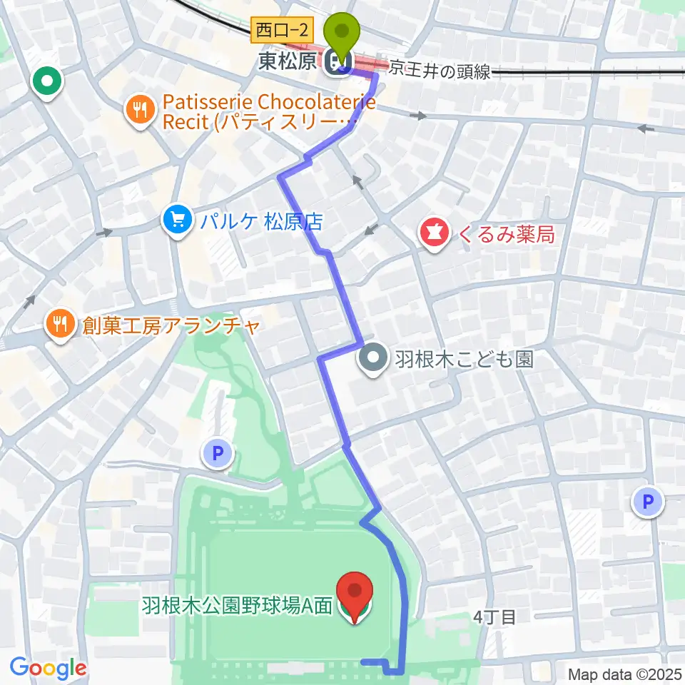 羽根木公園野球場の最寄駅東松原駅からの徒歩ルート（約6分）地図