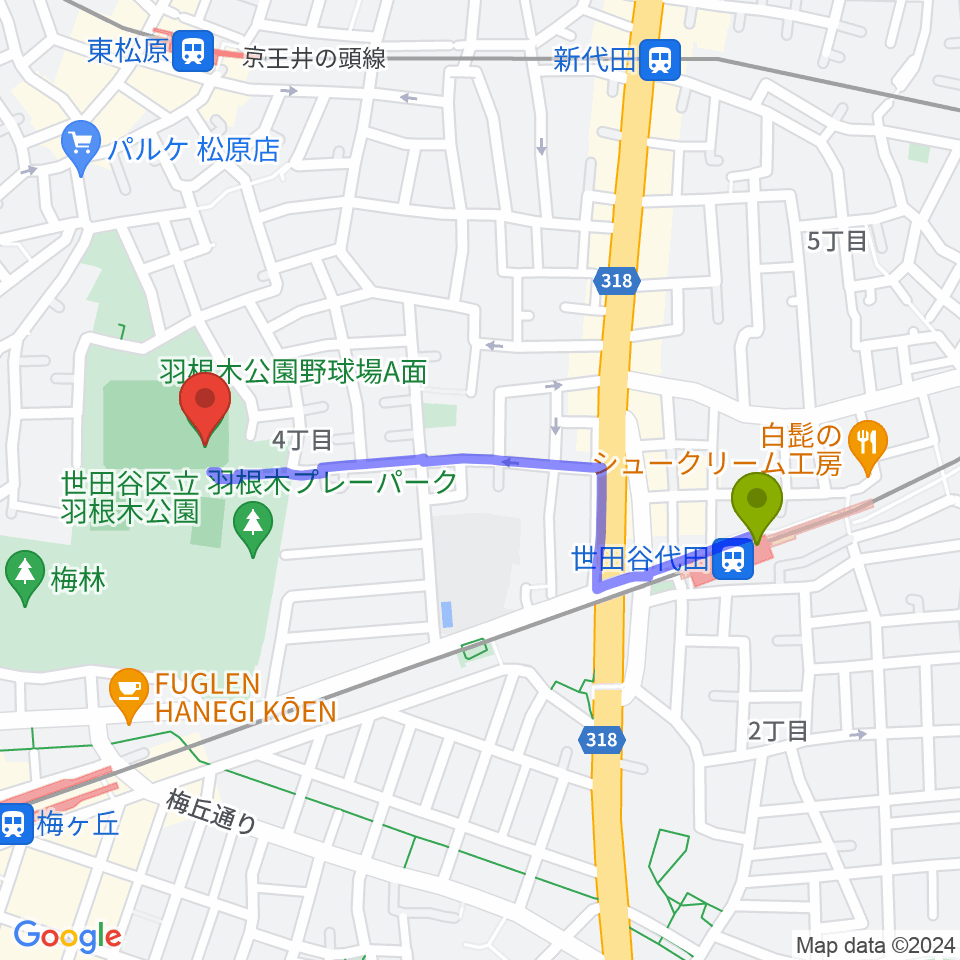 世田谷代田駅から羽根木公園野球場へのルートマップ地図