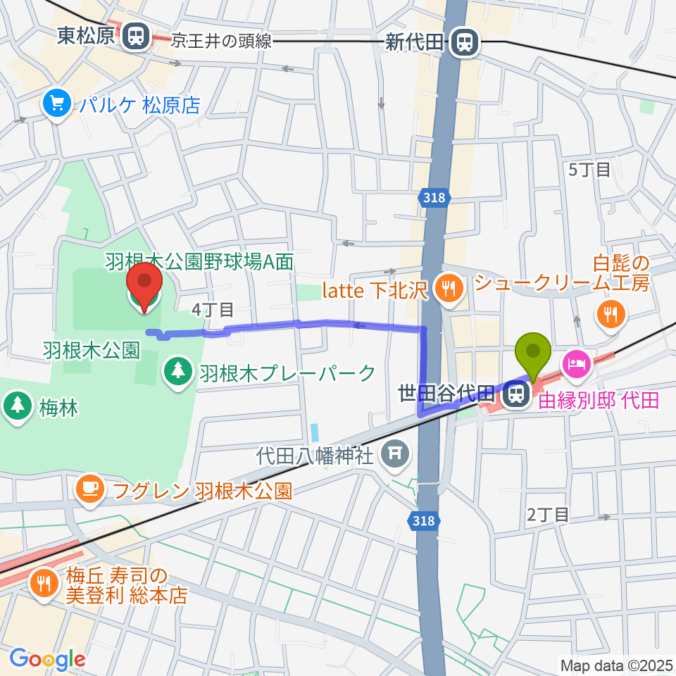 世田谷代田駅から羽根木公園野球場へのルートマップ地図