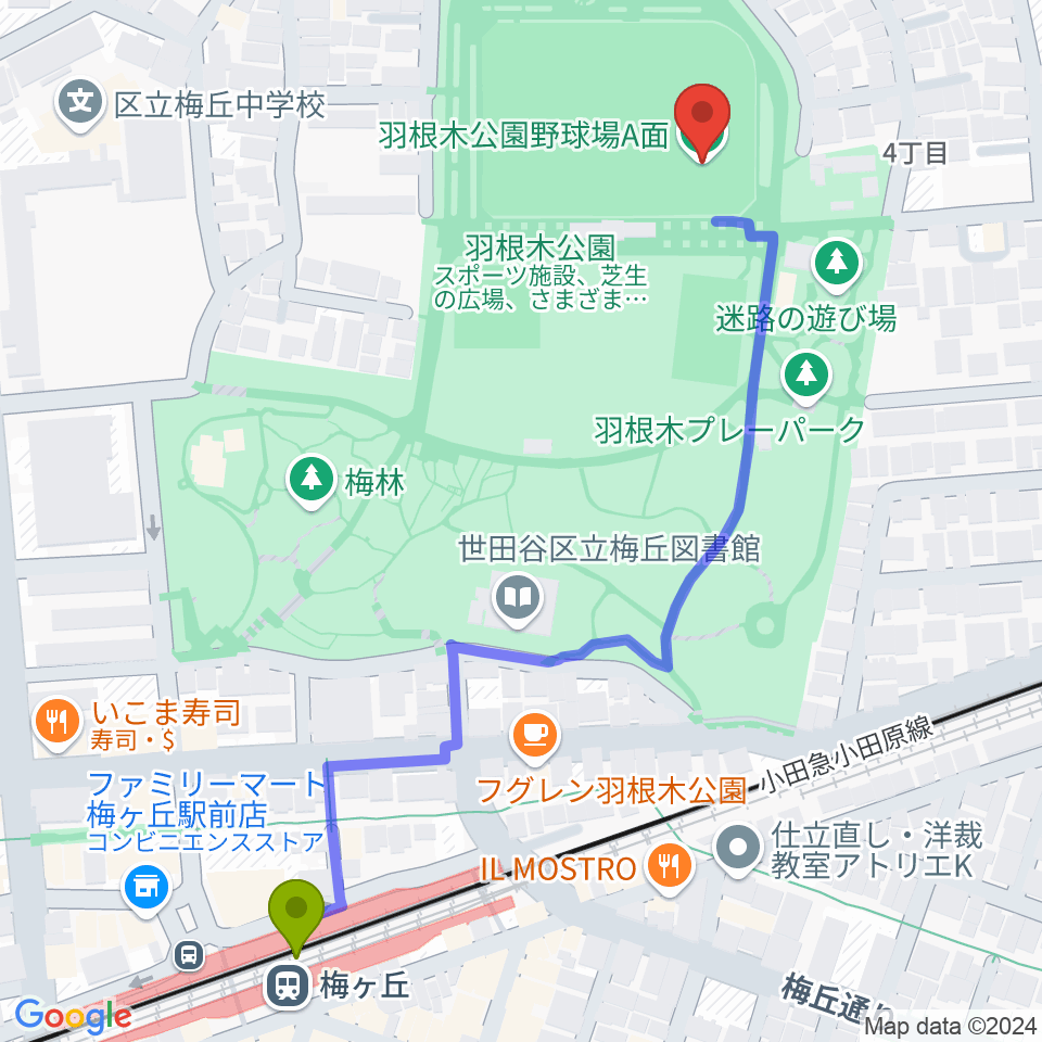 梅ヶ丘駅から羽根木公園野球場へのルートマップ地図