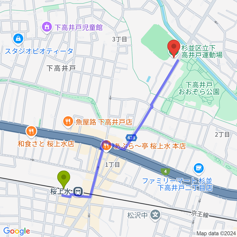 杉並区下高井戸運動場の最寄駅桜上水駅からの徒歩ルート（約11分）地図