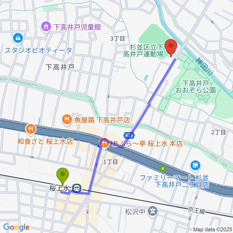 杉並区下高井戸運動場の最寄駅桜上水駅からの徒歩ルート（約11分）地図