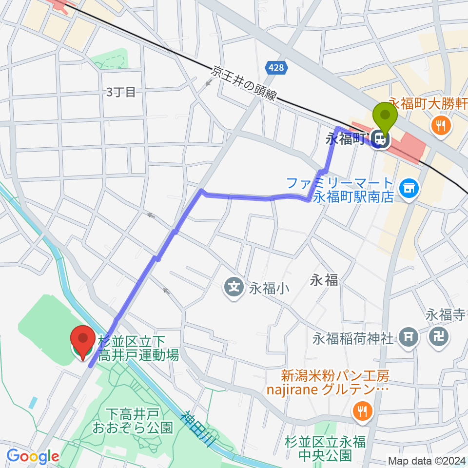 永福町駅から杉並区下高井戸運動場へのルートマップ地図