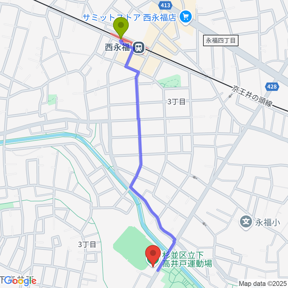 西永福駅から杉並区下高井戸運動場へのルートマップ地図