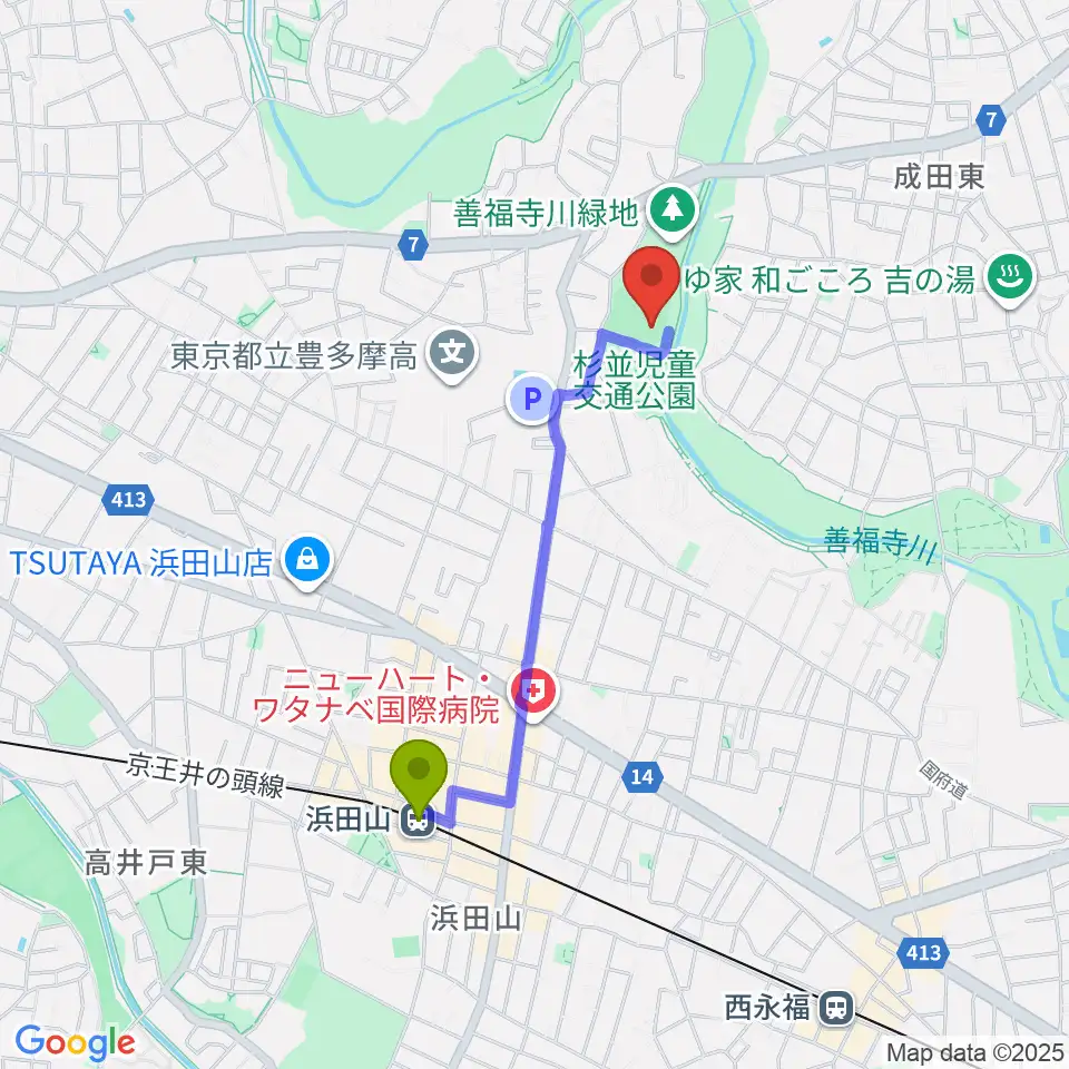 善福寺川緑地野球場の最寄駅浜田山駅からの徒歩ルート（約16分）地図