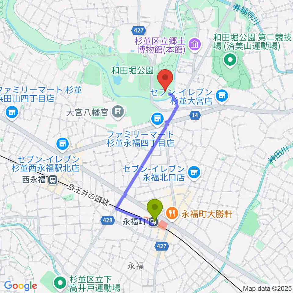 和田堀公園野球場の最寄駅永福町駅からの徒歩ルート（約14分）地図