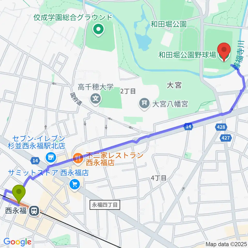 西永福駅から和田堀公園野球場へのルートマップ地図