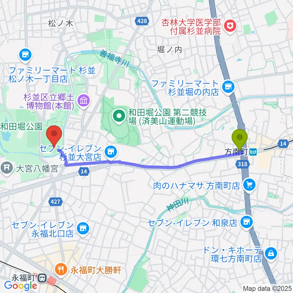 方南町駅から和田堀公園野球場へのルートマップ地図