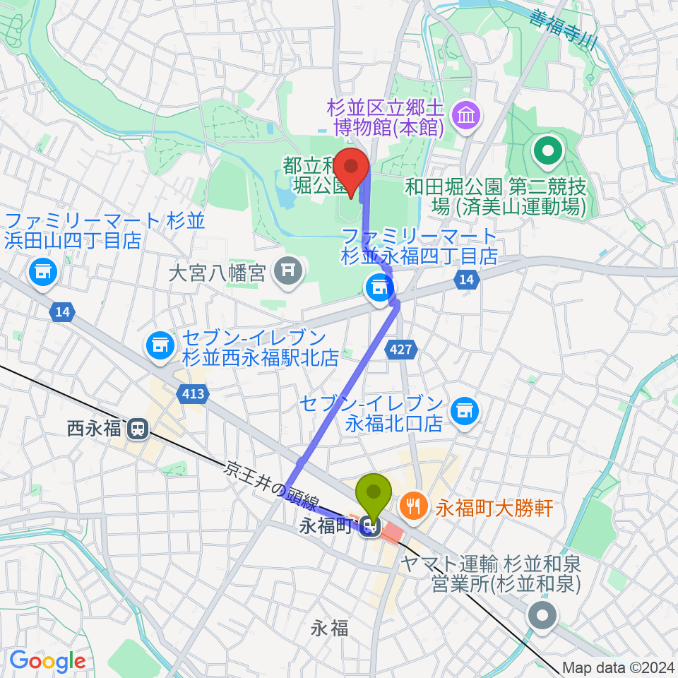 永福町駅から和田堀公園第一競技場へのルートマップ地図