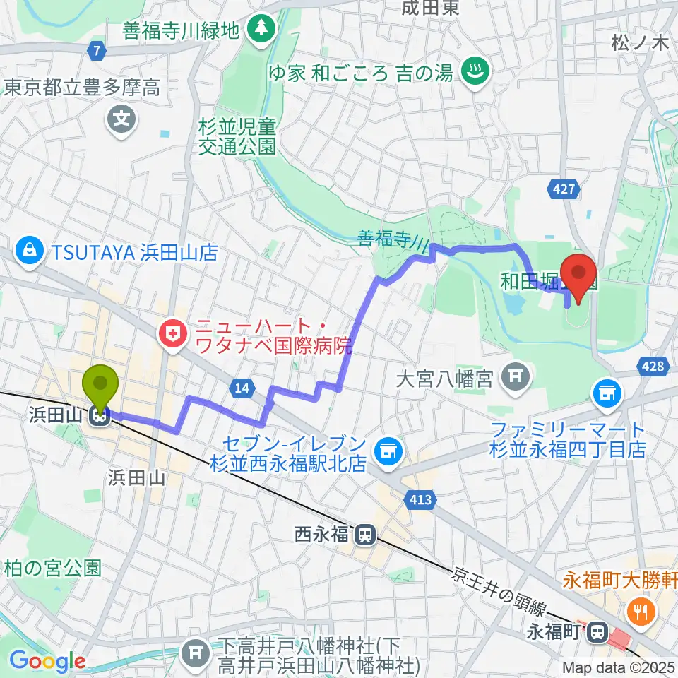 浜田山駅から和田堀公園第一競技場へのルートマップ地図