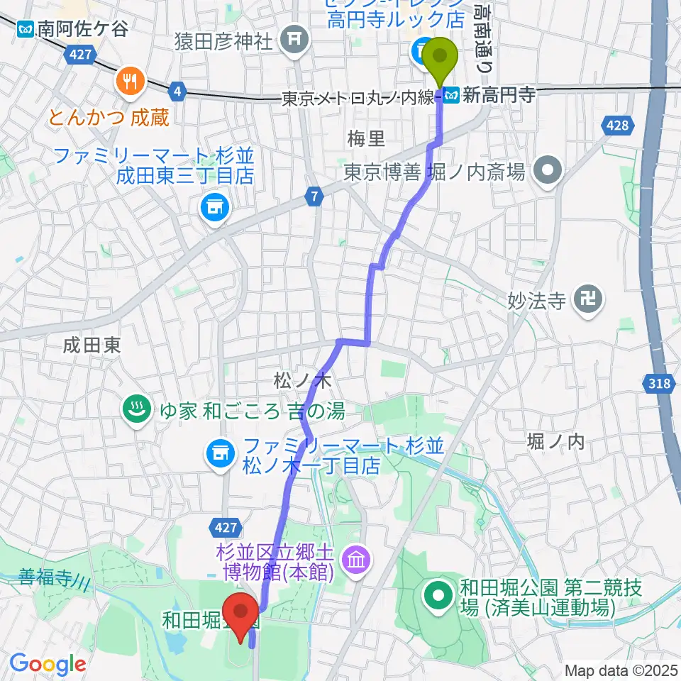 新高円寺駅から和田堀公園第一競技場へのルートマップ地図