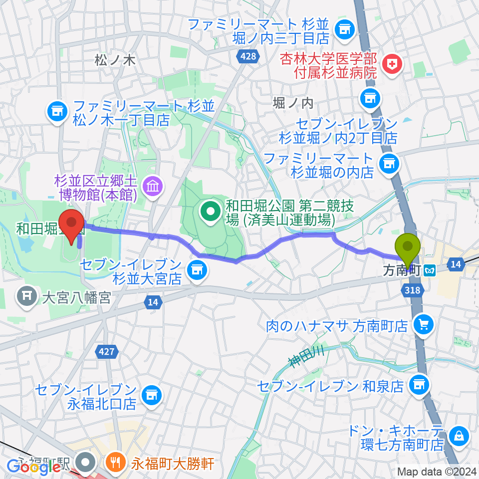 方南町駅から和田堀公園第一競技場へのルートマップ地図