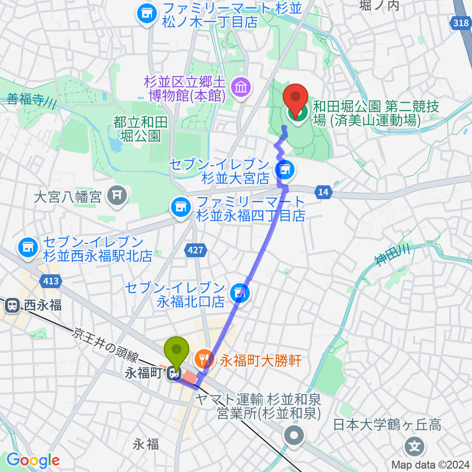 永福町駅から和田堀公園第二競技場へのルートマップ地図