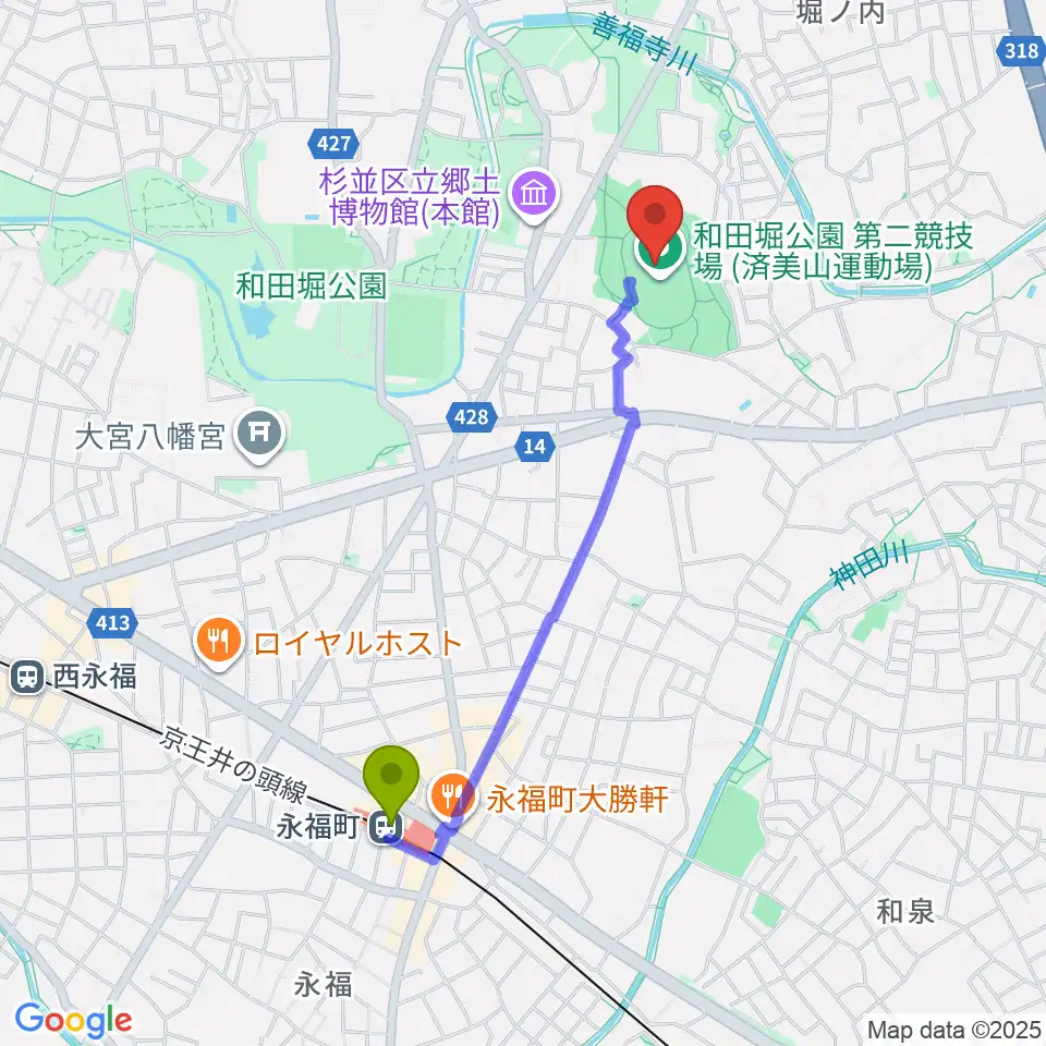 永福町駅から和田堀公園第二競技場へのルートマップ地図