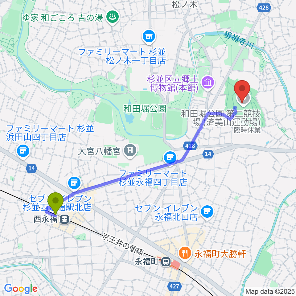 西永福駅から和田堀公園第二競技場へのルートマップ地図