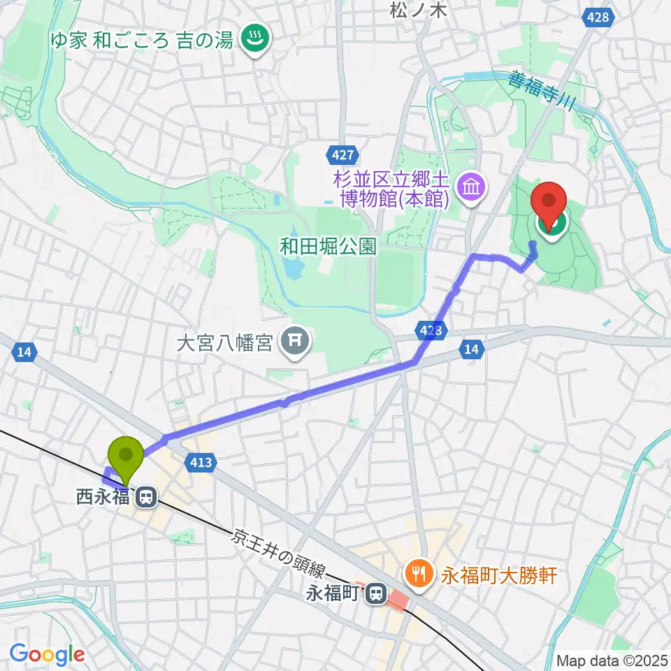 西永福駅から和田堀公園第二競技場へのルートマップ地図