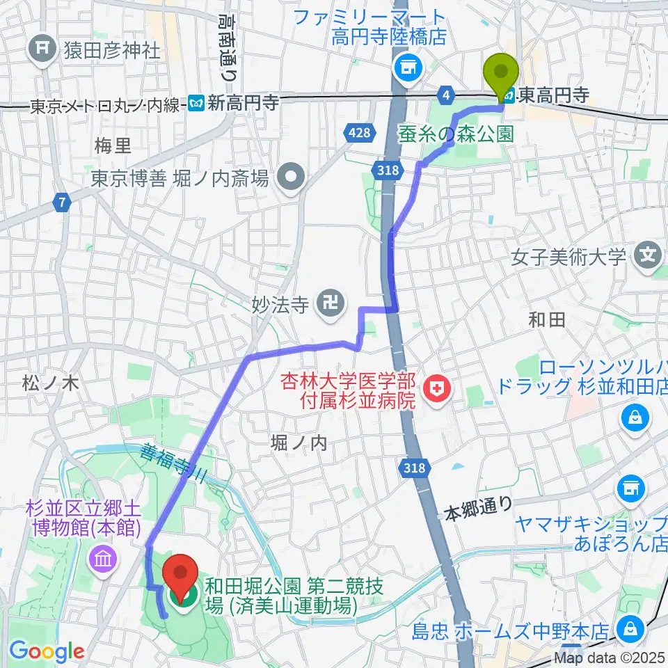 東高円寺駅から和田堀公園第二競技場へのルートマップ地図