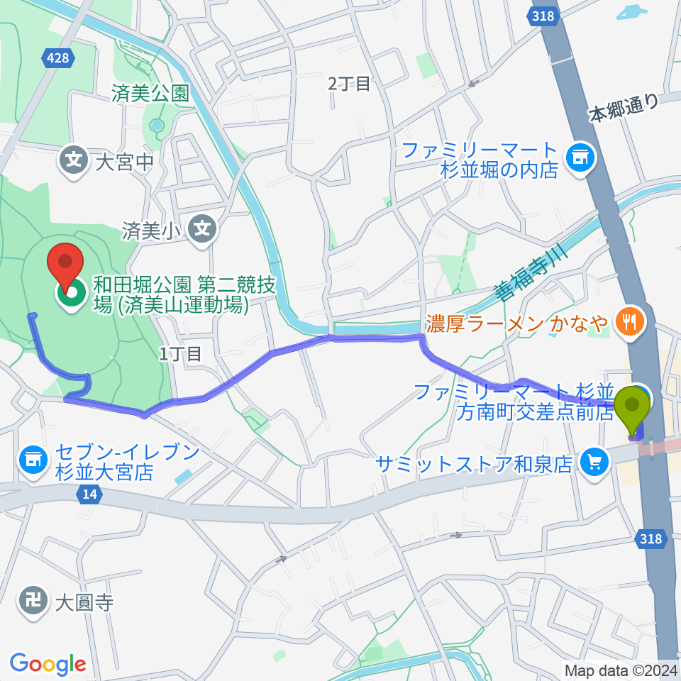 和田堀公園第二競技場の最寄駅方南町駅からの徒歩ルート（約13分）地図